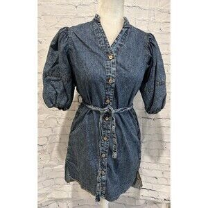 Rebellion denim puff sleeve button down short shirt dress with a tie waist S